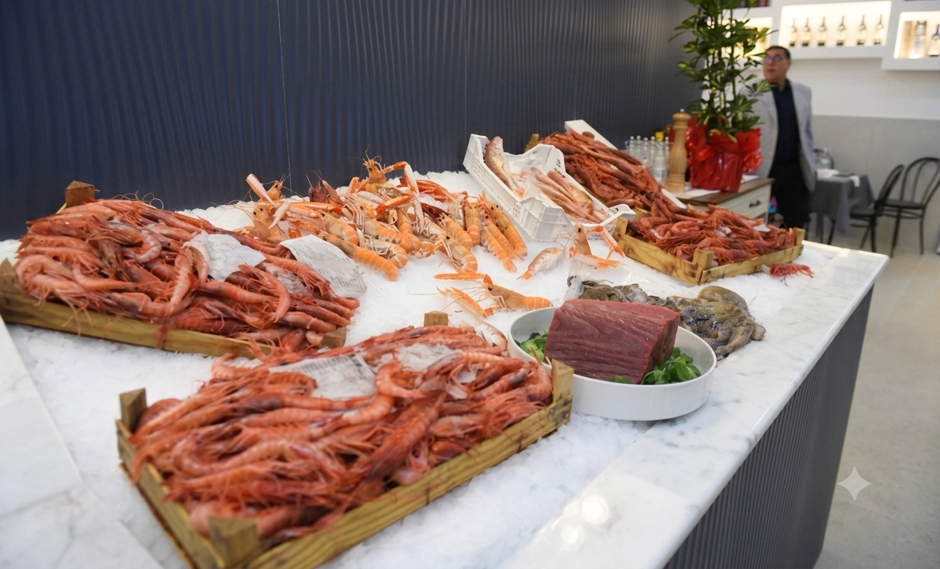 Banco del pescato fresco con gamberi rossi e scampi su ghiaccio